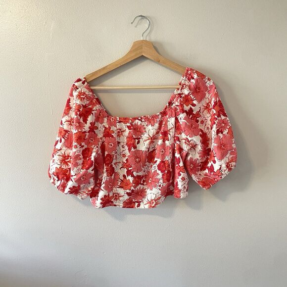 NWT Lucky Brand Linen Blend Floral Smocked Balloon Sleeve Top Sz M - Picture 10 of 10